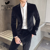  Rich bird high-end business suit suit mens Korean version of the trend groom wedding dress mens gold velvet two-piece suit