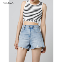 one thousand tone of light-coloured denim shorts female summertime slim loose wool edge high waist a broad-leg hot pants-ins tide