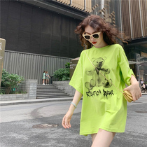 Avocado green t-shirt womens short-sleeved summer new Korean version casual loose bear print body bag medium-long ins
