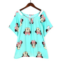 Korean version of cute cartoon cotton pajamas girl round neck short sleeves summer artificial cotton loose and comfortable home clothes tops