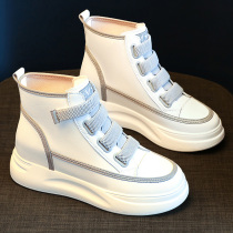 Tide brand leather inner increased small white shoes women 2021 Autumn New all thick soles Velcro casual high-top shoes