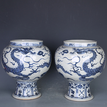 Yuan blue and white porcelain dragon pattern tall big pot pair of antique antiques Yuan Dynasty old porcelain old goods collection genuine