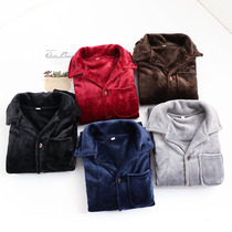 Pajamas men's flannel single coat plus velvet padded coral fleece long sleeve cardigan large size home clothing winter coat