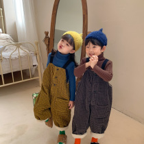 Boys and girls with pants autumn and winter thickened cotton pants childrens suspenders baby Plaid casual trousers