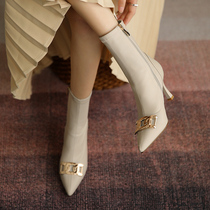 Tisdaini high heels womens boots super soft sheepskin pointed elastic boots Joker short boots slim heels autumn single boots