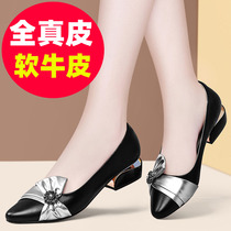 Leather low-heeled pointed single shoes womens 2021 new spring and summer professional work work medium heel thick heel small leather shoes