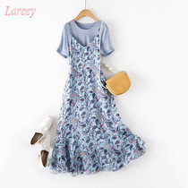 Lareey Printed Crew Neck T-shirt Fake Two-piece 2021 Summer Temperament Suspender Ruffle Short Sleeve Dress