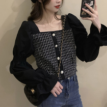 Fat sister large size womens early autumn French square collar short shirt design sense thin bubble sleeve plaid top female