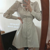 French Hollow back skirt 2021 early Autumn New Imperial sister light mature wind striped shirt dress women