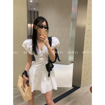 SUN11 French white pleated dress womens summer haute couture waist thin sweet fairy princess skirt