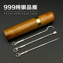S999 pure silver toothpick toothhook holed out spoon containing box Mini toothpick cylinder pear flower woodworking art toothpick box home