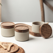 Retro ceramic seasoning jar household Japanese seasoning pot kitchen salt jar monosodium glutamate condiment storage box set with spoon