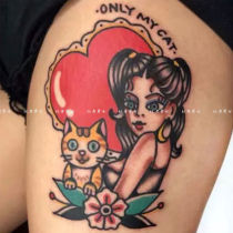 Original ins color hand-painted teenage girl with cat waterproof persistent tattoo sticker