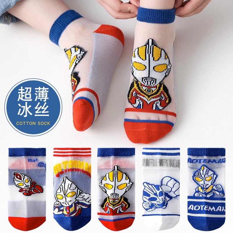 Boys' Socks Summer Ultraman Card Thin Children's Summer Pure Cotton Short Socks Boys' Treasure Summer Mesh Socks