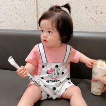 Baby jumpsuit summer thin fake two pieces of cotton clothes female baby short sleeve summer newborn bag