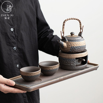 Zhen mud coarse pottery household kung fu tea set Japanese lift beam cooking teapot candle heating warm tea stove dry bubble tea tray set