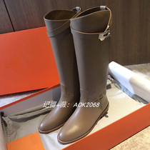 Autumn and winter patent leather h womens boots leather flat high boots metal buckle round head kelly Knight boots elephant gray