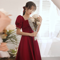 Wine red toast dress bride 2021 new wedding dress satin usually can be worn small pregnant summer women