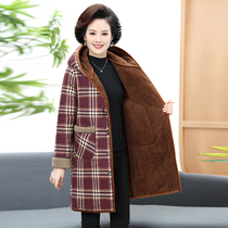 Middle-aged and elderly gold velvet medium long cotton pajamas womens top single piece plus velvet thick hat warm plus size cotton coat