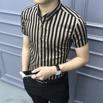 Rich bird Korean version slim fashion short-sleeved shirt stripe design sense handsome mens shirt high-end summer mens clothing