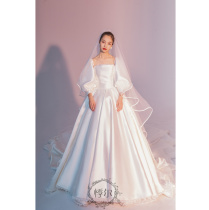 2021 new bride main wedding dress arm cover long sleeve satin French vintage Hepburn large size simple thin Korean style