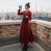  French retro Hepburn style high-end red dress female autumn Korean temperament waist thin wild mid-length skirt