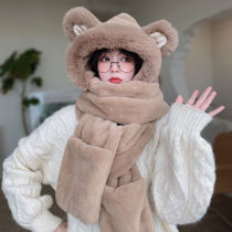 Bear hat scarf integrated Korean cute female Joker autumn and winter warm cold gloves scarf high face value