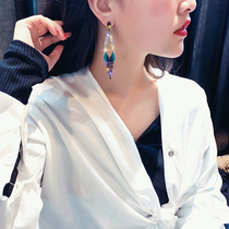 Korean sterling silver earrings female exaggerated temperament long wild personality tassel net red ethnic wind stud earrings 2021 new