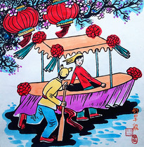 Paddling boat Spring Festival New Year Folk Farmhouse Intangible Cultural Heritage Huxian farmers painting size 25x25cm