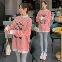Pregnant women plus velvet padded clothes fashion loose late pregnancy short fake two-piece coat base shirt set