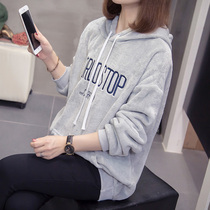 Autumn and winter pregnant women sweater long fashion loose mid-pregnancy hooded plus velvet thickened warm base shirt tide