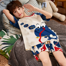 Childrens pajamas boys summer thin short sleeves cotton summer mid-child cotton boys air-conditioned loungewear set