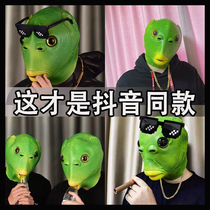 Shake sound green head fish head mask cute funny funny sand carving fish head strange green fish net red full face tasteless