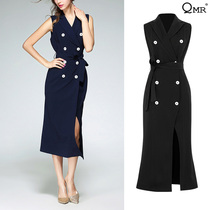 2021 new over-the-knee long sleeveless dress vest sleeveless slim-fit horse clip womens spring and autumn double breasted thin