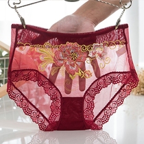 2-3 fashion panties Womens mid-waist lace mesh embroidery transparent large size fat MM cotton crotch briefs