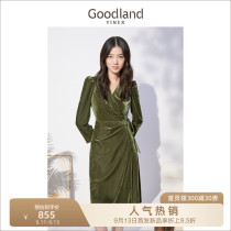 Sound beautiful land womens 2022 autumn new style waist V neck sexy long sleeve gold velvet dress