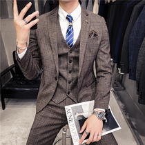 Suit suit mens slim Korean version of three-piece spring English style business grid suit wedding dress trend handsome