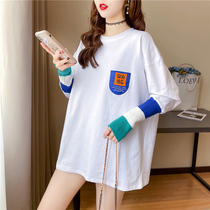 Western breed womens clothing Net red stitching sleeve patch cloth long T-shirt female spring and autumn ins loose pregnant womens coat tide