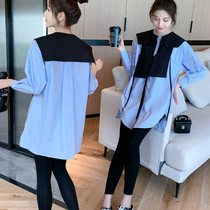 Pregnant women autumn shirt 2021 New Korean shirt shirt top women loose color pattern fake two pieces medium length dress