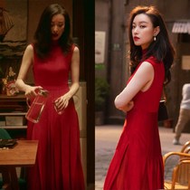 Flow of gold years Ni Ni Zhu lock lock star with the same sleeveless red dress summer waist sundress vintage long dress