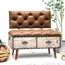 American retro soft-fit furniture in house changing shoes stool solid wood rivet wrapping edge storage stool double leather face sofa chair sub