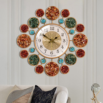 New Chinese creative color stone craft wall clock living room Fashion Light luxury iron hanging table American retro decoration clock
