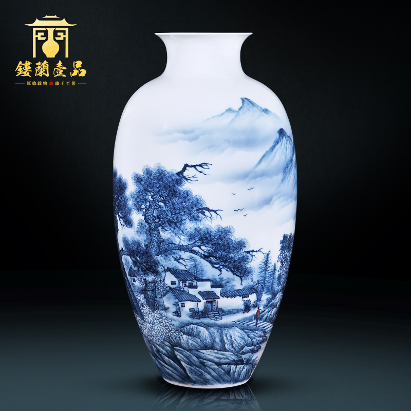 Jingdezhen Ceramics Hand-painted Blue and White Porcelain Dry Flower Vase Chinese Living Room Porch Decoration Wedding Gift Arrangement