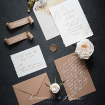 (Dinosaurs and flowers) custom handwritten wedding invitation card reply card curling seat card coffee autumn color