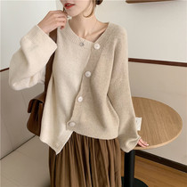 Large size belly irregular oblique buckle knit sweater womens autumn and winter design sense niche coat fat mm loose base sweater
