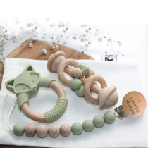 Baby Pacifier Anti-Fall Chain Fox Tooth Gum Wooden Planet Grindle Baton rattle suit Three sets of food grade silicone gel