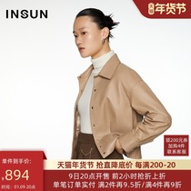 Enshang Coe 2021 autumn and winter New camel atmosphere sheep leather fashion lapel short coat leather women