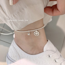 S925 sterling silver anklet female Korean version of smiley face transfer beads Zicai Nafu Ping An lock silver beads ankle chain simple Joker