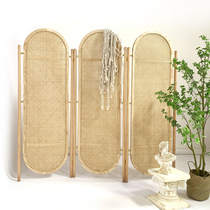 Chinese solid wood screen partition bedroom block household living room entrance dining room folding mobile double-sided rattan folding screen