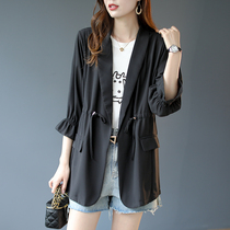 Baoshili suit collar sunscreen coat medium long loose jacket womens summer 2021 new black thin top